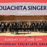 Poster for Ouachita Singers in Galway with wide photo of a choir in black dress, spread out wide on 3 tiers.