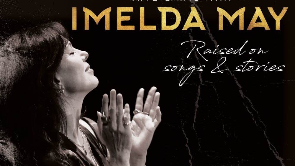 Imelda May: Raised on songs & stories - side view of woman with hands held up open, and eyes closed.