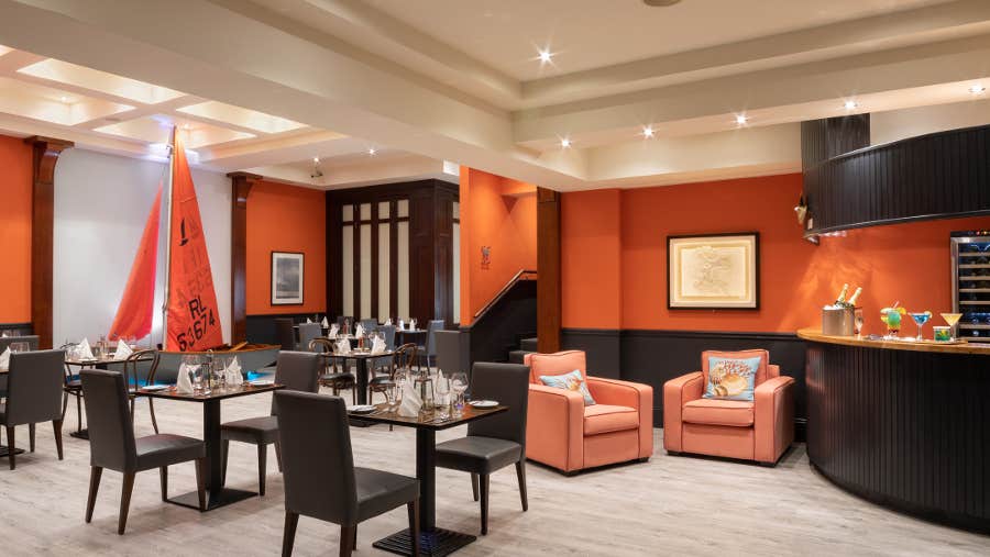 red reception with chairs