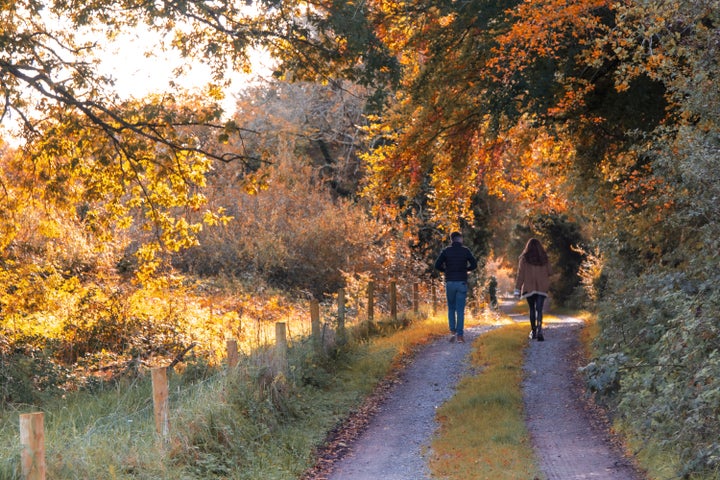 Couple walking on road with grass