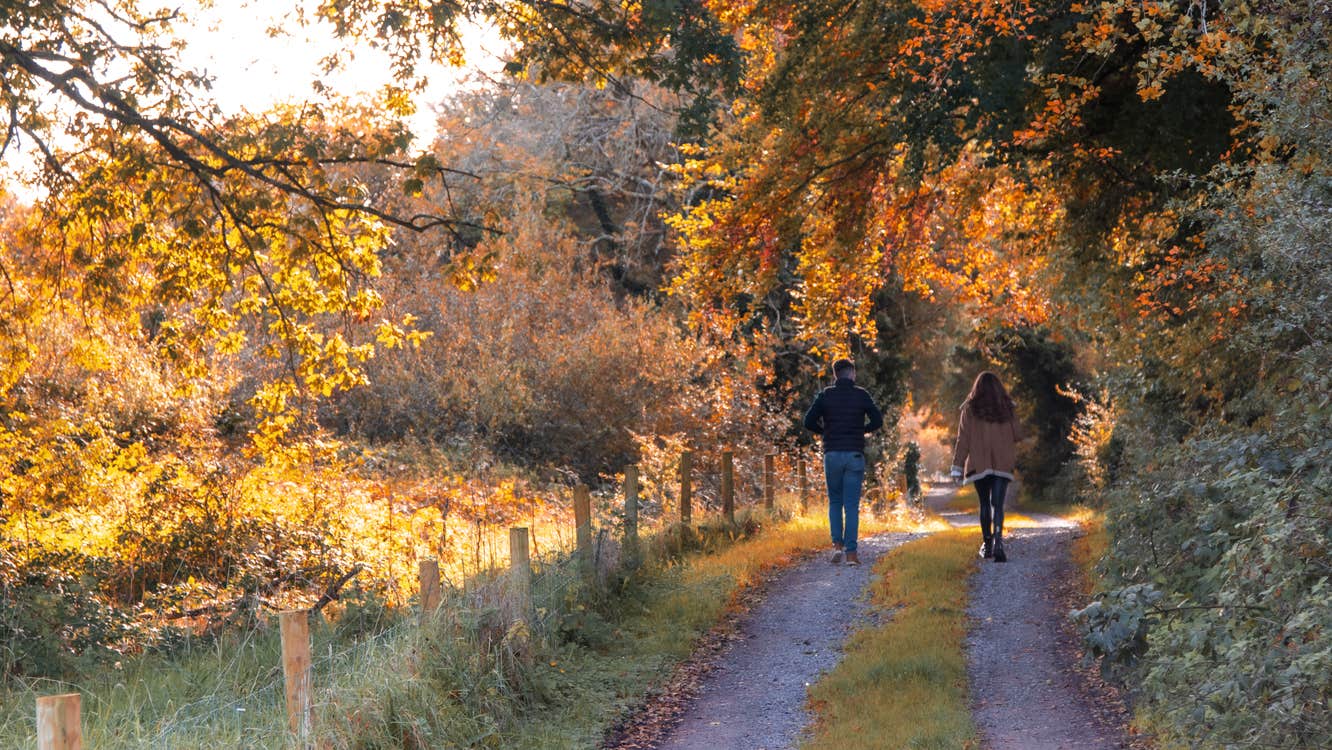 Couple walking on road with grass