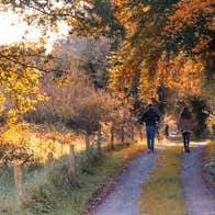 Couple walking on road with grass
