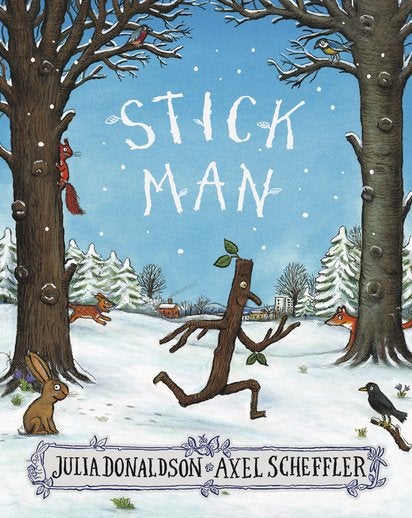 A children's book cover with an illustration of a stick with a face running through the snow.