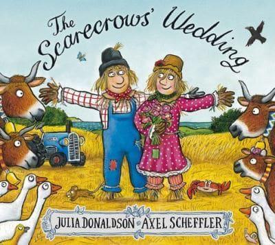 A children's book cover with an illustration of two scarecrows on a farm. 