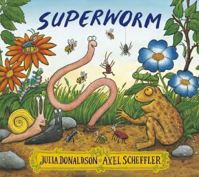 A children's book cover with an illustration of a worm and some other bugs and a frog among some grass and flowers. 