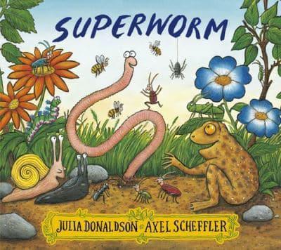 A children's book cover with an illustration of a worm and some other bugs and a frog among some grass and flowers.