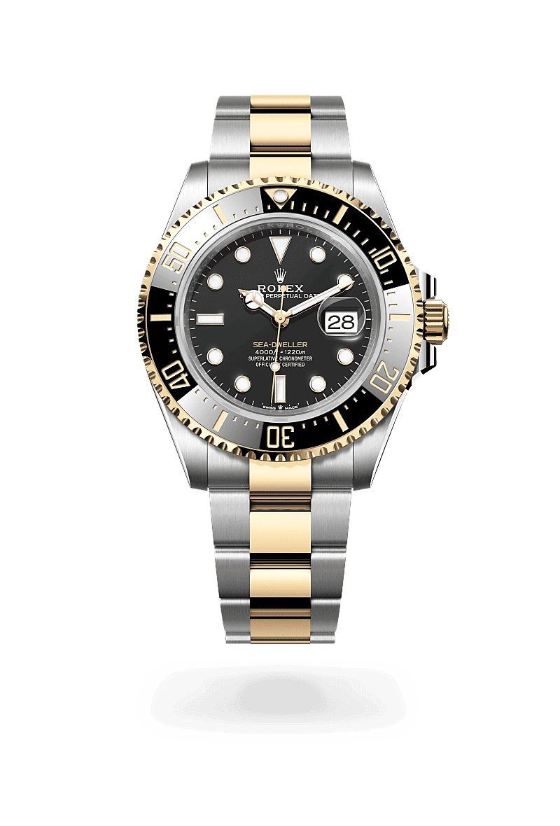 Rolex Sea-Dweller in Oyster, 43 mm, Oystersteel and yellow gold with a Intense black dial, Unidirectional rotatable 60-minute graduated, scratch-resistant Cerachrom insert in black ceramic, numerals and graduations coated in gold bezel, and Oyster, three-piece solid links bracelet